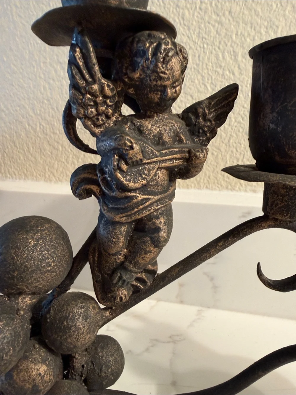 Vintage Wrought Iron Cherub Grapes Metal 3-Arm Candelabra
